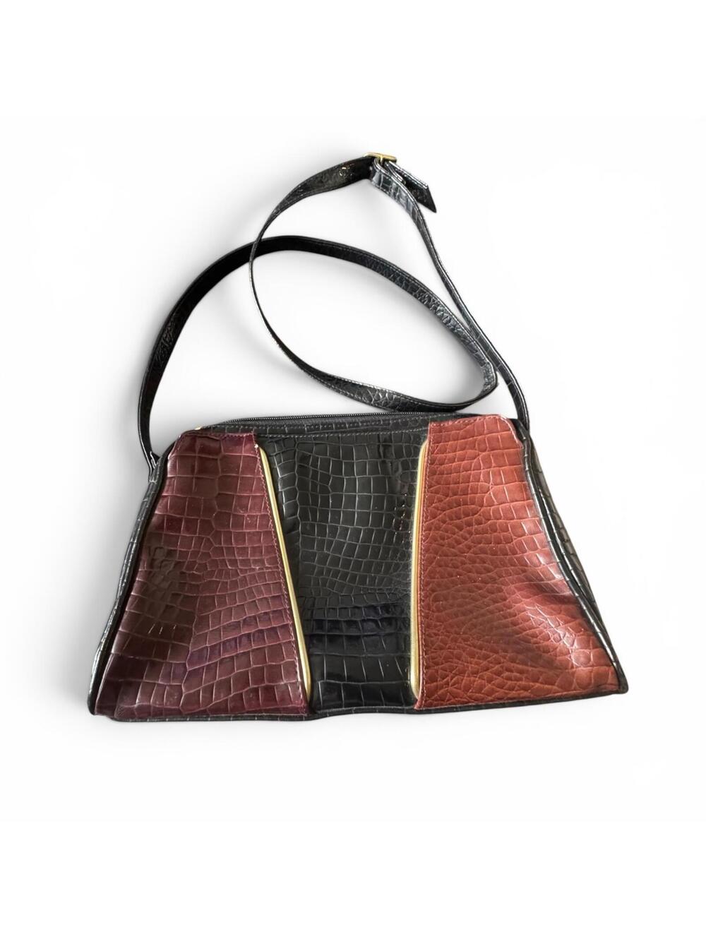 Vintage Faux Leather Tricolor Patchwork Crossbody Gold Accent Buckles Strap GC